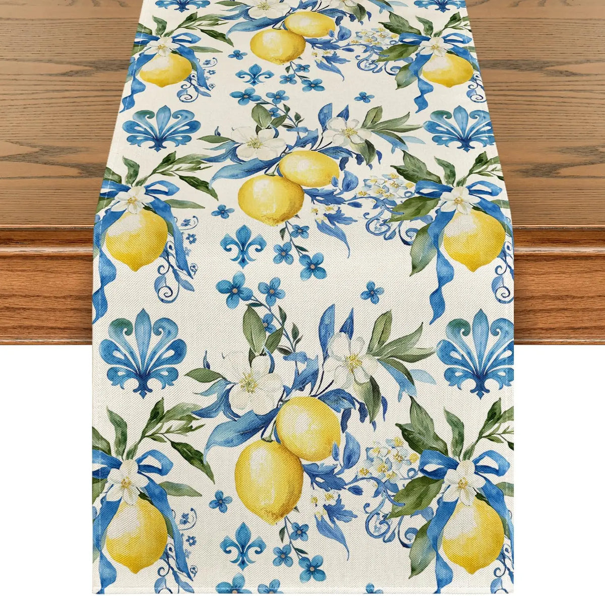 table table lin motif floral citrons fleurs été blanc jaune bleu rustic decoratif farmhouse