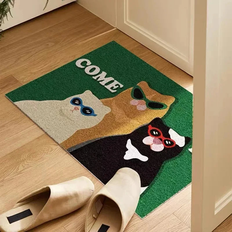 tapis d'entrée moderne antidérapant chatons lunettes come in vert beige noir blanc salon porche
