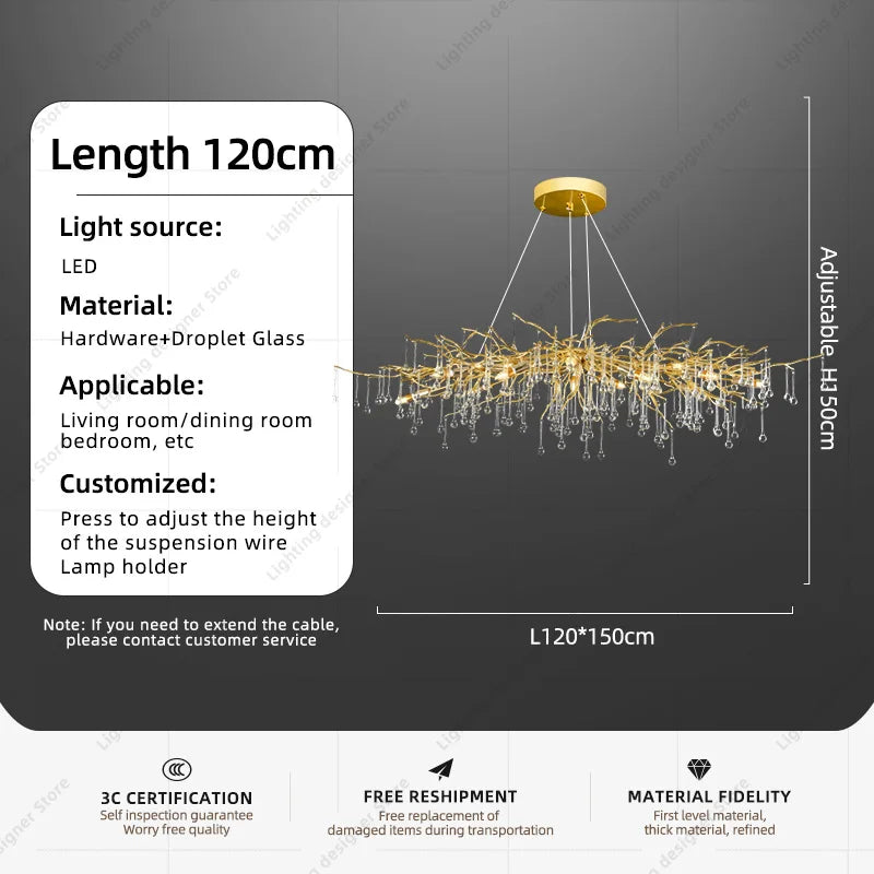 lustre suspendu moderne or cristal transparent branché lumière neutre 4000k chambre salon