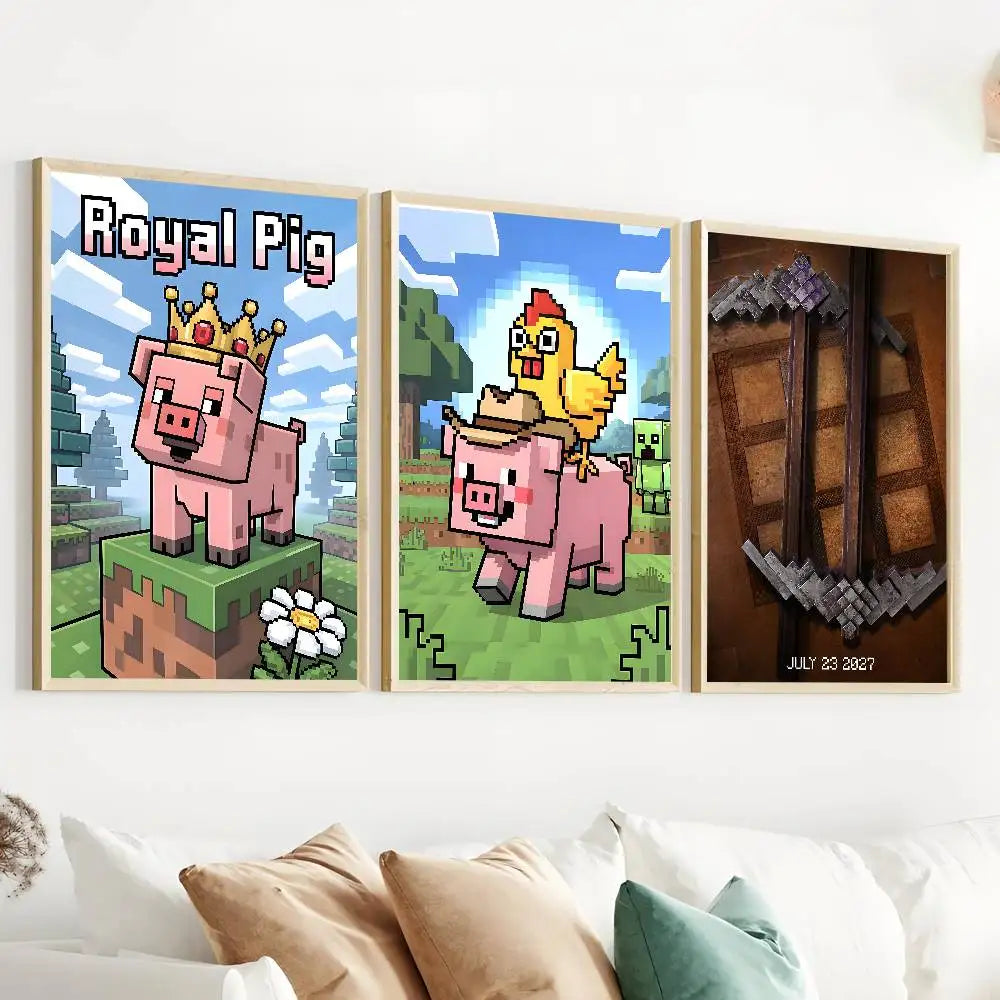 affiches art numériques pixel retro jeu vidéo animaux couleur rose blanc vert bleu gris