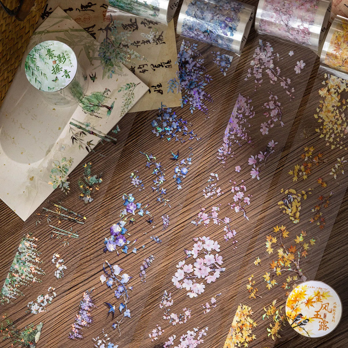 rubans decoratifs transparents fleurs oiseaux branches adhésifs scrapbooking diy decoration album photo materiau pet