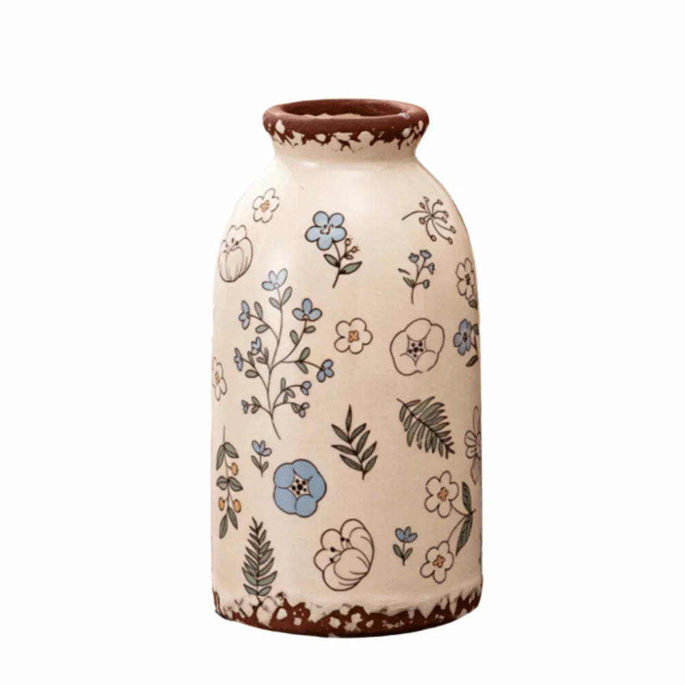 vase vintage floral poterie opaque couleur beige vert rose brun