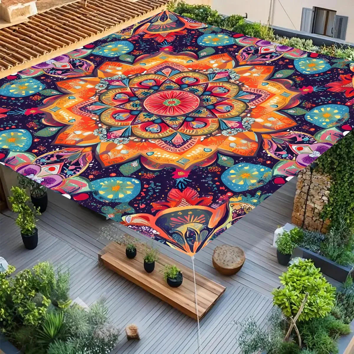 tapis plage mandala boho chic multicolore cordons fixation sable herbe