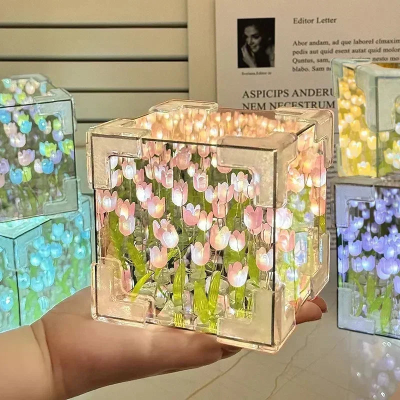 veilleuse cube transparent tulipes lumineuses moderne clips fixation chambre coucher lumière artisanale