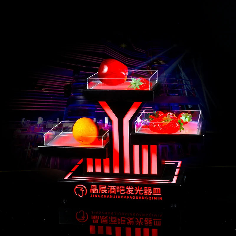 support fruits moderne plateau lumineux noir rouge rayures transparents leds rechargeables