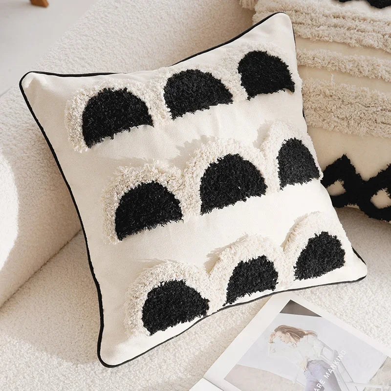 coussins géométriques blanc noir franges moderne décoration intérieure canapé salon amovible lavable polyester coton