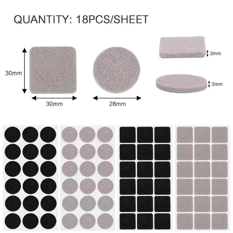 protecteurs meubles feutre adhésifs noir gris clair 30x30mm 28mm ronds carrés pratique utilitaire 18pièces