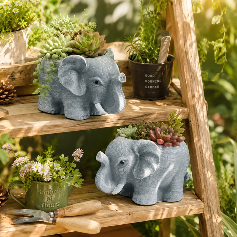 pots fleurs forme éléphant gris clair aspect texturé effet pierre decoratif animalier succulentes differentes