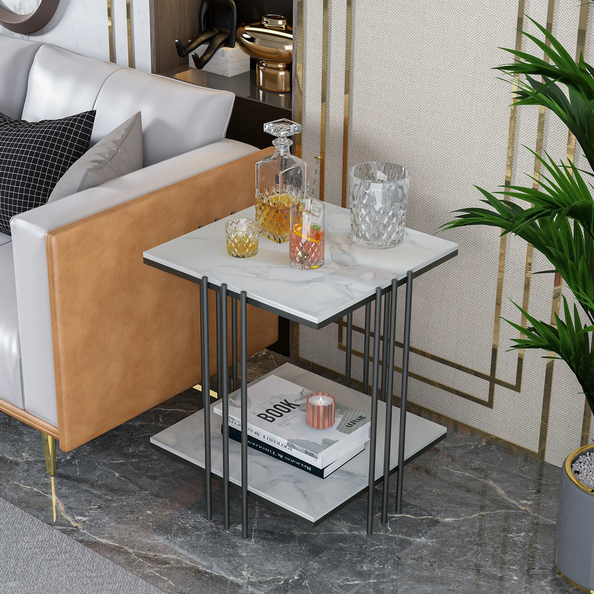 table d'appoint moderne marbre blanc gris fer vis carré salon deux niveaux minimaliste