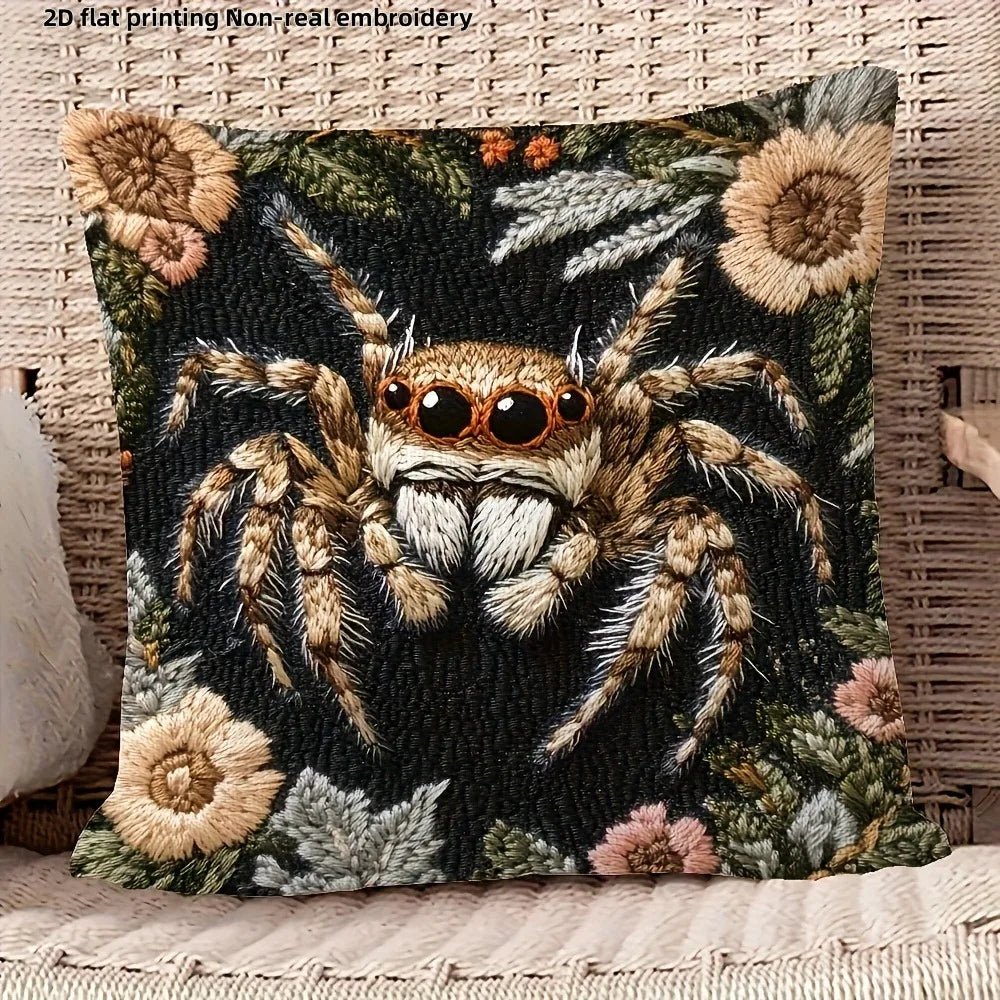 housse coussin araignée fleurs moderne polyester noir beige blanc 45x45cm