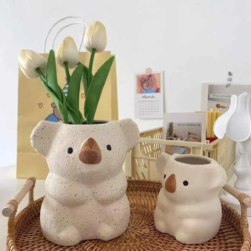 cache pot koala blanc taches noires résine animalier créatif deco plante fleur