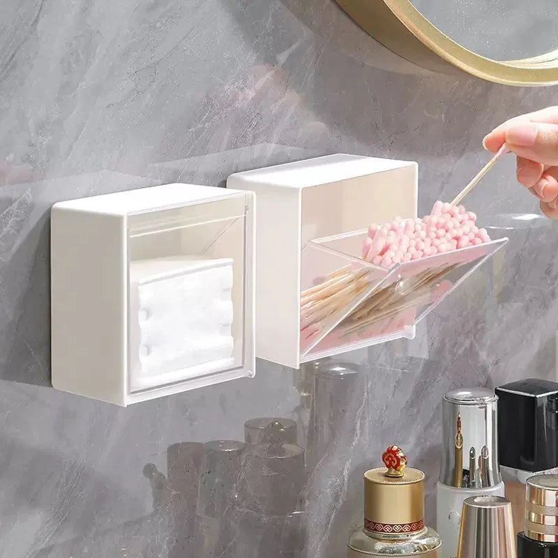 boîte rangement murale adhésive blanche moderne éponge bâtonnets coton pochettes lingettes flacons cosmétiques