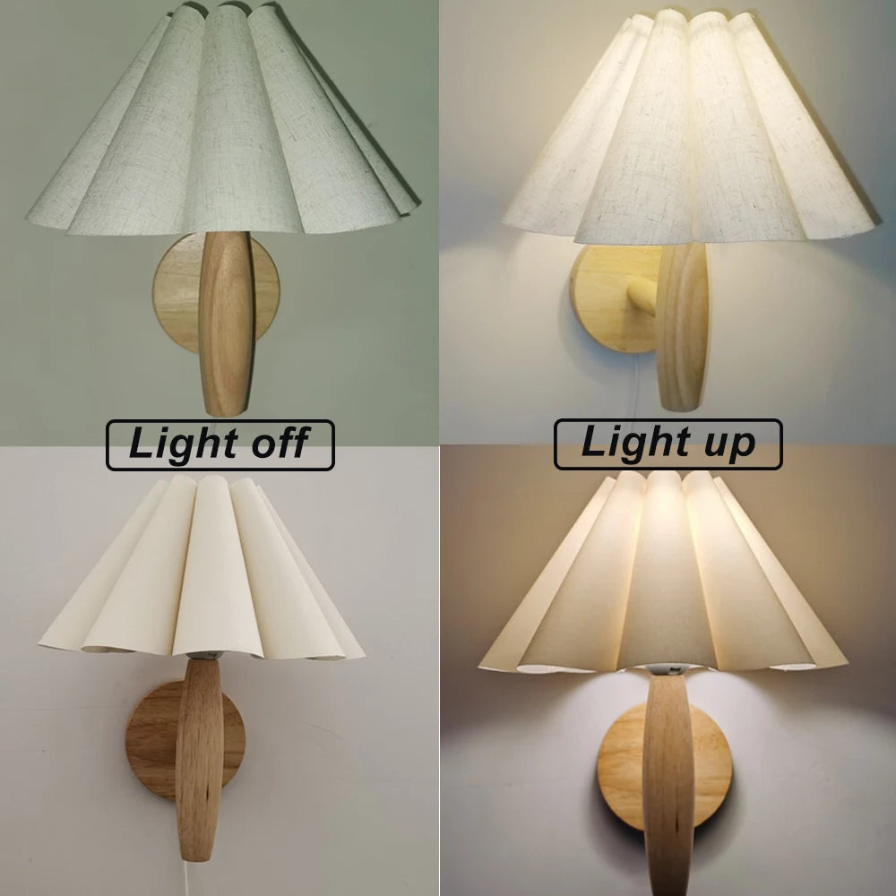 lampe murale plissée bois blanc moderne interrupteur bouton éclairage chambre coucher rustique