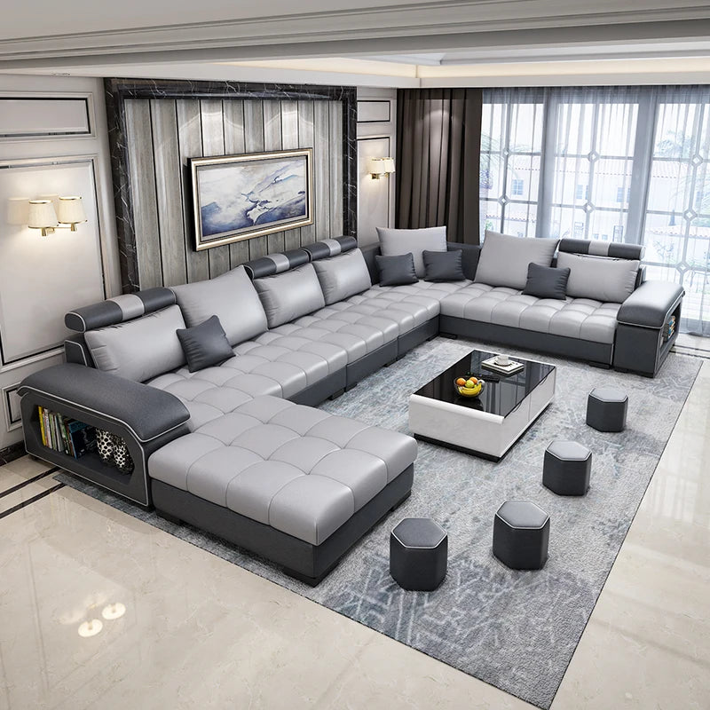 canapé d'angle forme cuir véritable coussins abstraits moderne salon gris noir beige