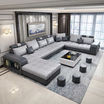 canapé d'angle forme cuir véritable coussins abstraits moderne salon gris noir beige