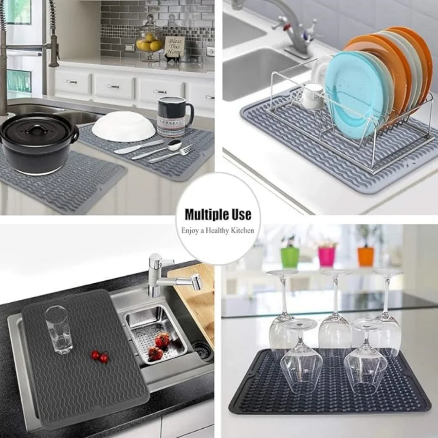 tapis cuisine silicone vert bleu gris moderne rayures ondulées assiette cônes baies 30x40cm