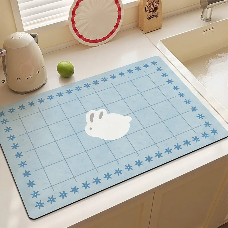 tapis cuisine moderne carreaux bleus blancs motifs flocons lapins