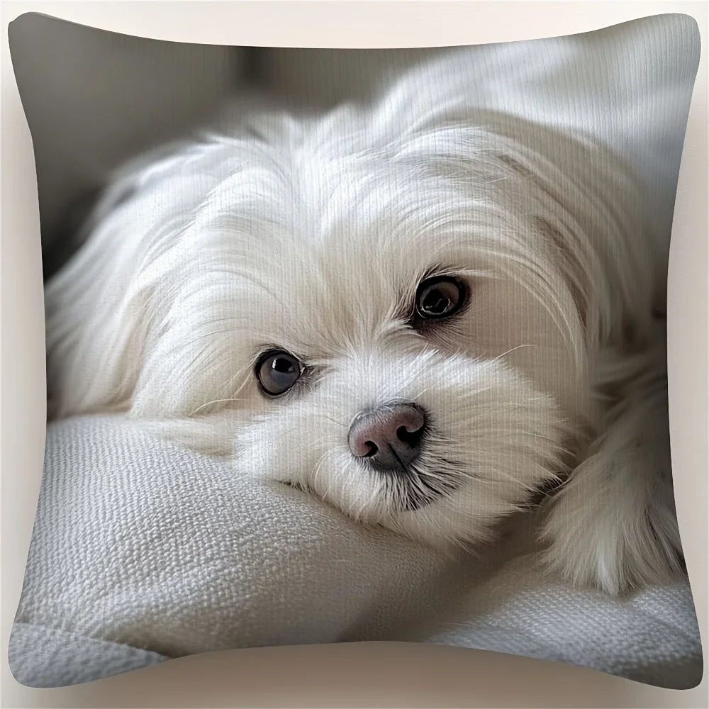 coussin imprimé chien blanc moderne fermeture éclair invisible polyester intérieur decoration sofa car voiture