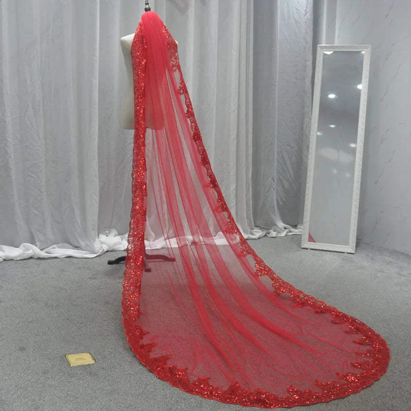 voile mariée classique polyesters sequins dentelle transparente noir rouge vert or blanc femmes