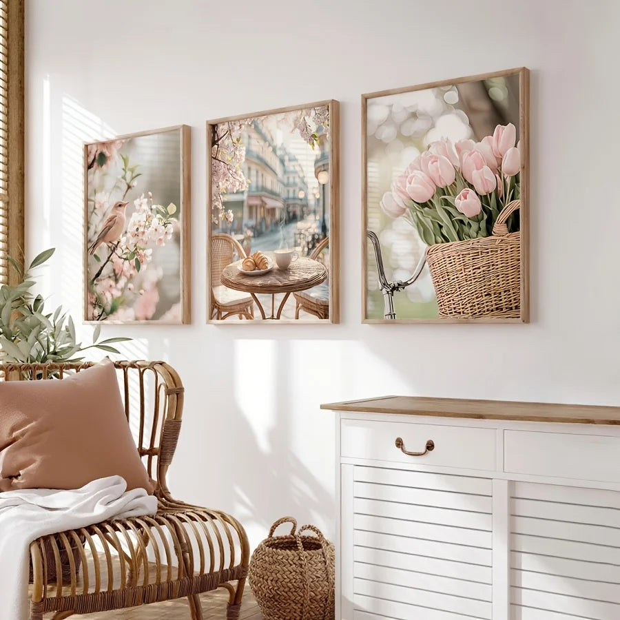 toiles d'art moderne fleurs oiseau tulipes minimaliste blanc roseclair vertDecorationMurPrintanière