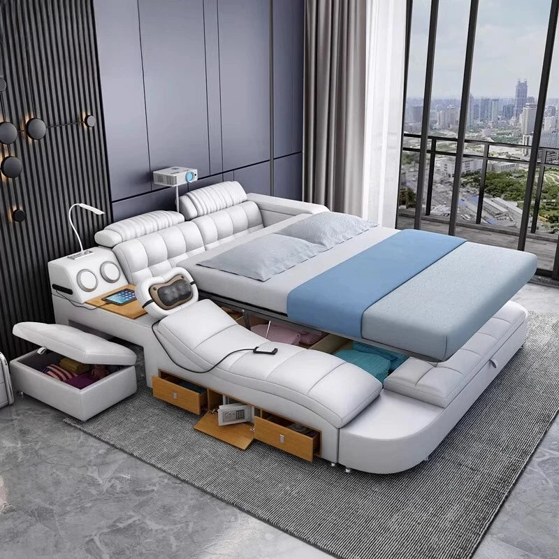 lit multifonctionnel moderne simili cuir blanc bleu clair rangement intégré tapis lampe table chevet