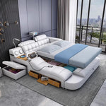 lit multifonctionnel moderne simili cuir blanc bleu clair rangement intégré tapis lampe table chevet
