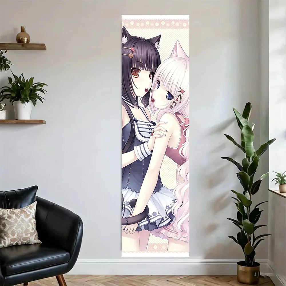 Poster mural anime personnages chats oreilles floral bleu marine rose blanc chambre filles