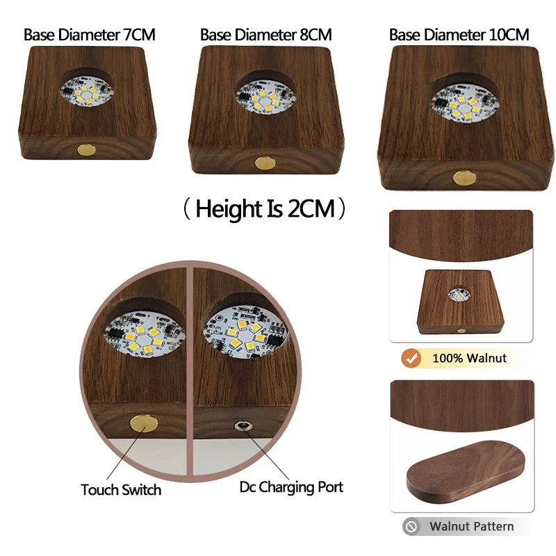 base charge lumineuse noyer moderne lampe led câble charge commutateur tactile 7cm 8cm 10cm