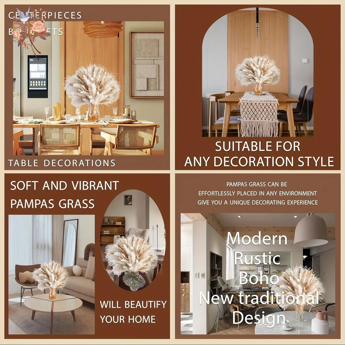 décoration boho bouquet fleurs séchées pampas naturel beige blanc vase maison anniversaire