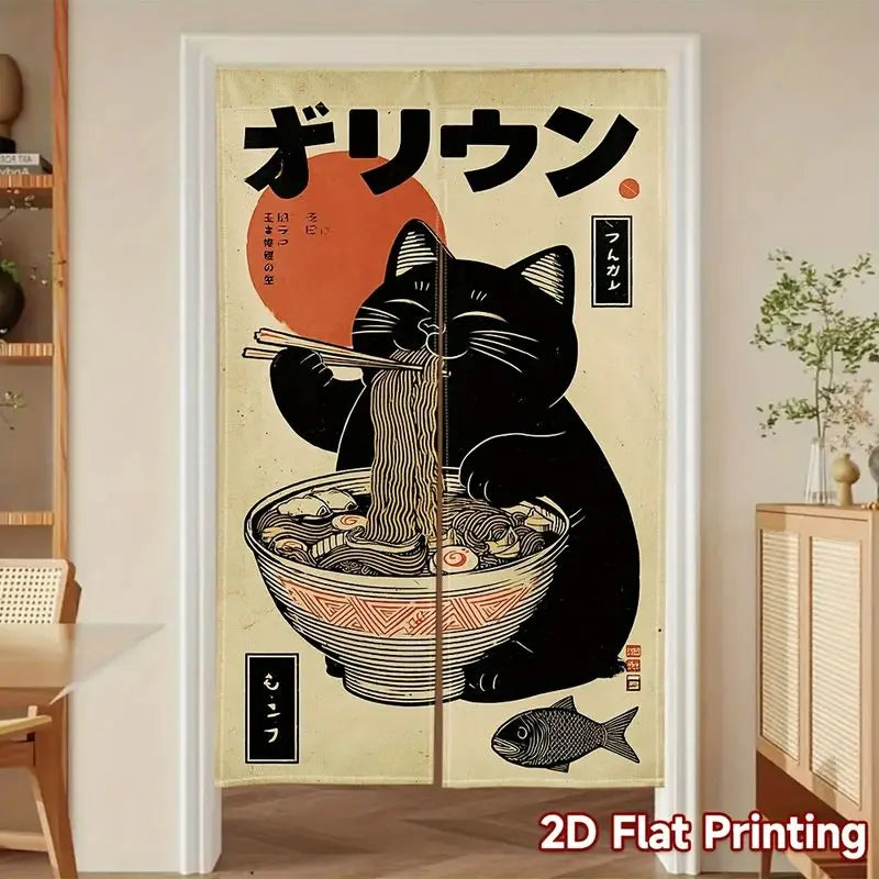 rideau porte vintage japonais chat noir nouilles poisson beige gris polyester opaque crochets chambre
