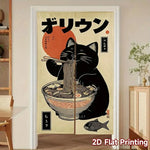 rideau porte vintage japonais chat noir nouilles poisson beige gris polyester opaque crochets chambre