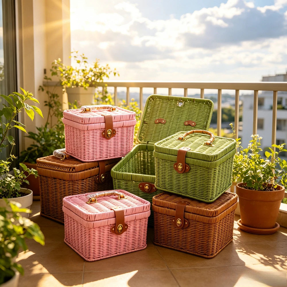 paniers rangement tressés rose vert marron poignées métalliques couvercle verrouillable vintage multifonctionnels
