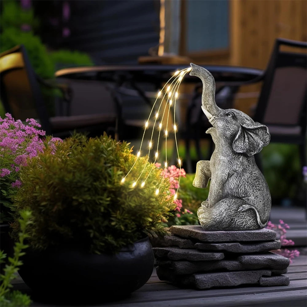 statue éléphant solaire guirlande led jardin extérieur décoration animaux gris pierre zenextérieur