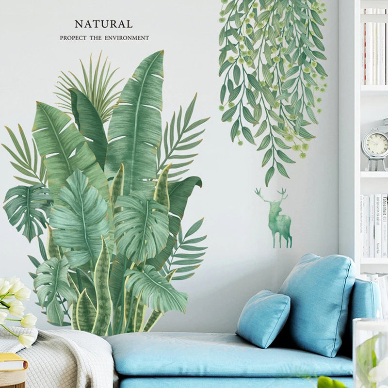 sticker mural décoration feuilles plantes tropicales aquarelle naturel moderne 30x90cm