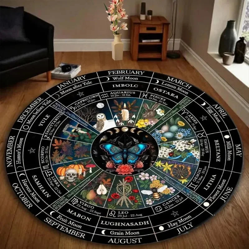 tapis rond noir blanc saisonnal astrologique motifs symboliques oracles prière moderne salon chambre