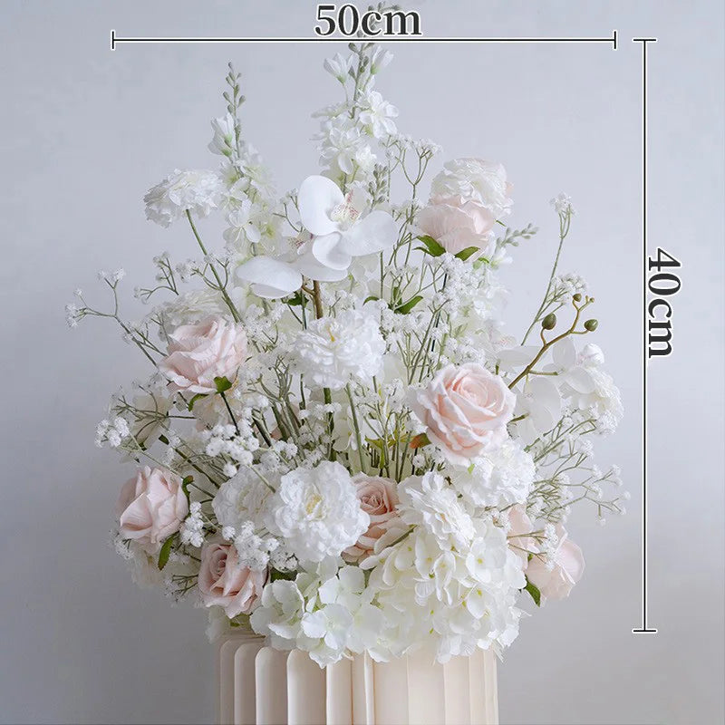 arrangement floral artificiel blanc romantique mariage roses orchidées gypsophile 80cm 40cm vase crème