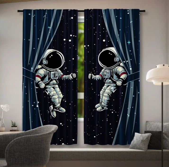 rideaux astronaute motif étoiles bleu noir gris décoration chambre salon fantaisiste opaques tringle métalliques