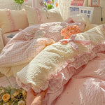 ensemble literie rose vichy doux franges romantique taies oreillers couvre lit