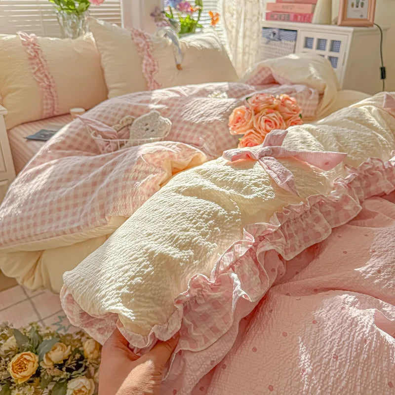 ensemble literie rose vichy doux franges romantique taies oreillers couvre lit
