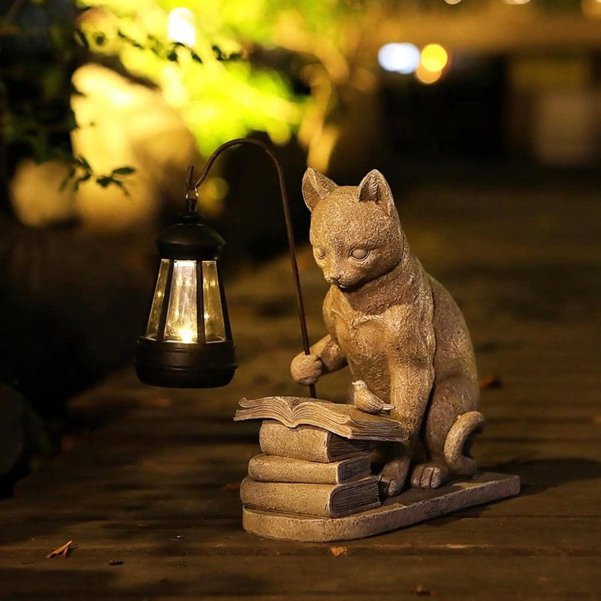 statue chat lisant lampe livres jardin ornement résine gris clair classique extérieur lumineuse solaire
