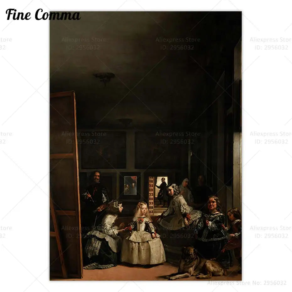 affiche vintage toile peinte personnages classique baroque scène intérieure tons sombres cadre noir décoration