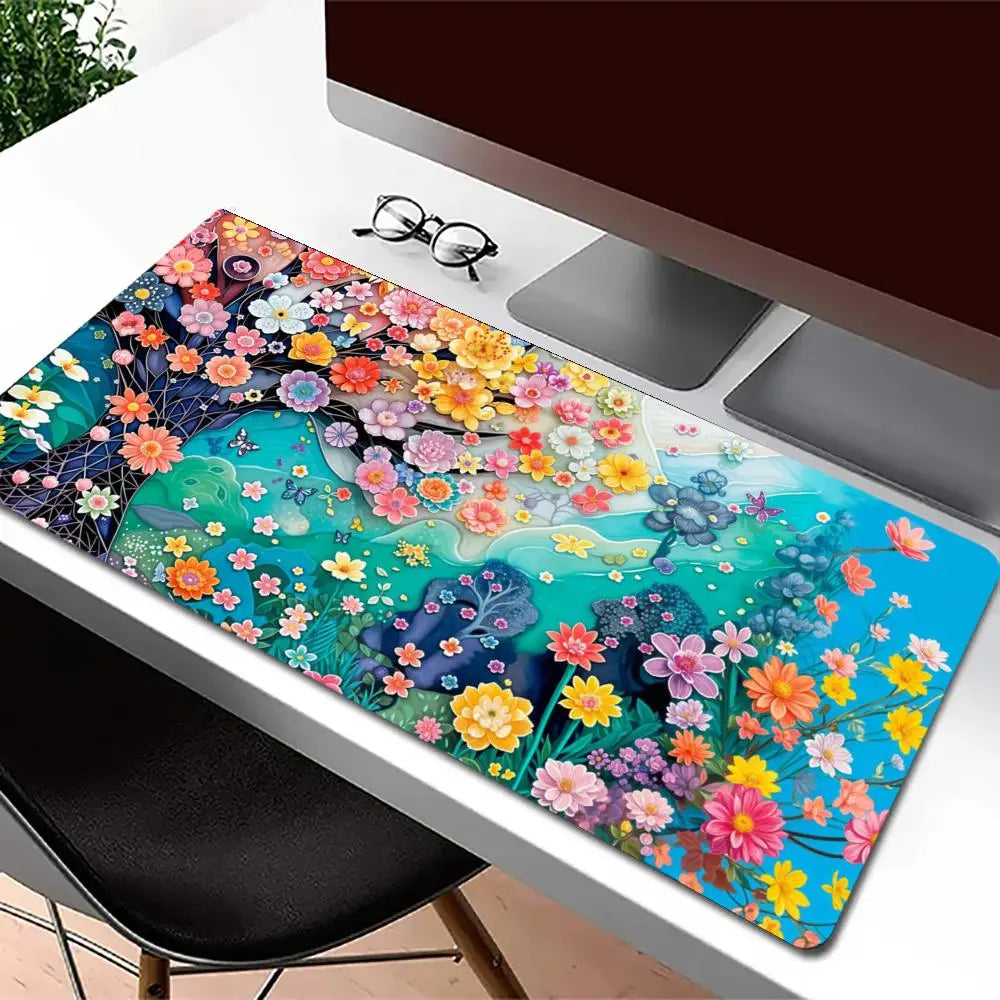 tapis souris fleurs colorées moderne bleu vert rose jaune blanc abstrait gaming bureauDecoration