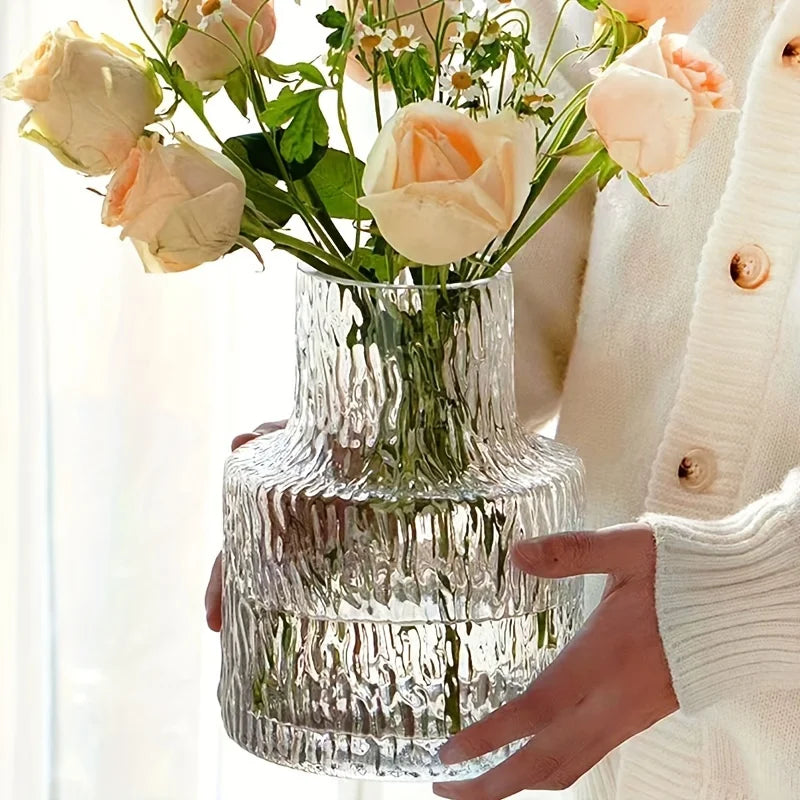 vase verre texturé transparent rose rouge blanc vert moderne salon table fleurs inclusion