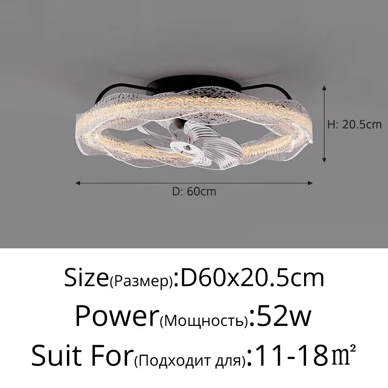 ventilateur moderne blanc noir transparent motifs décoratifs fixations crochets led télécommande