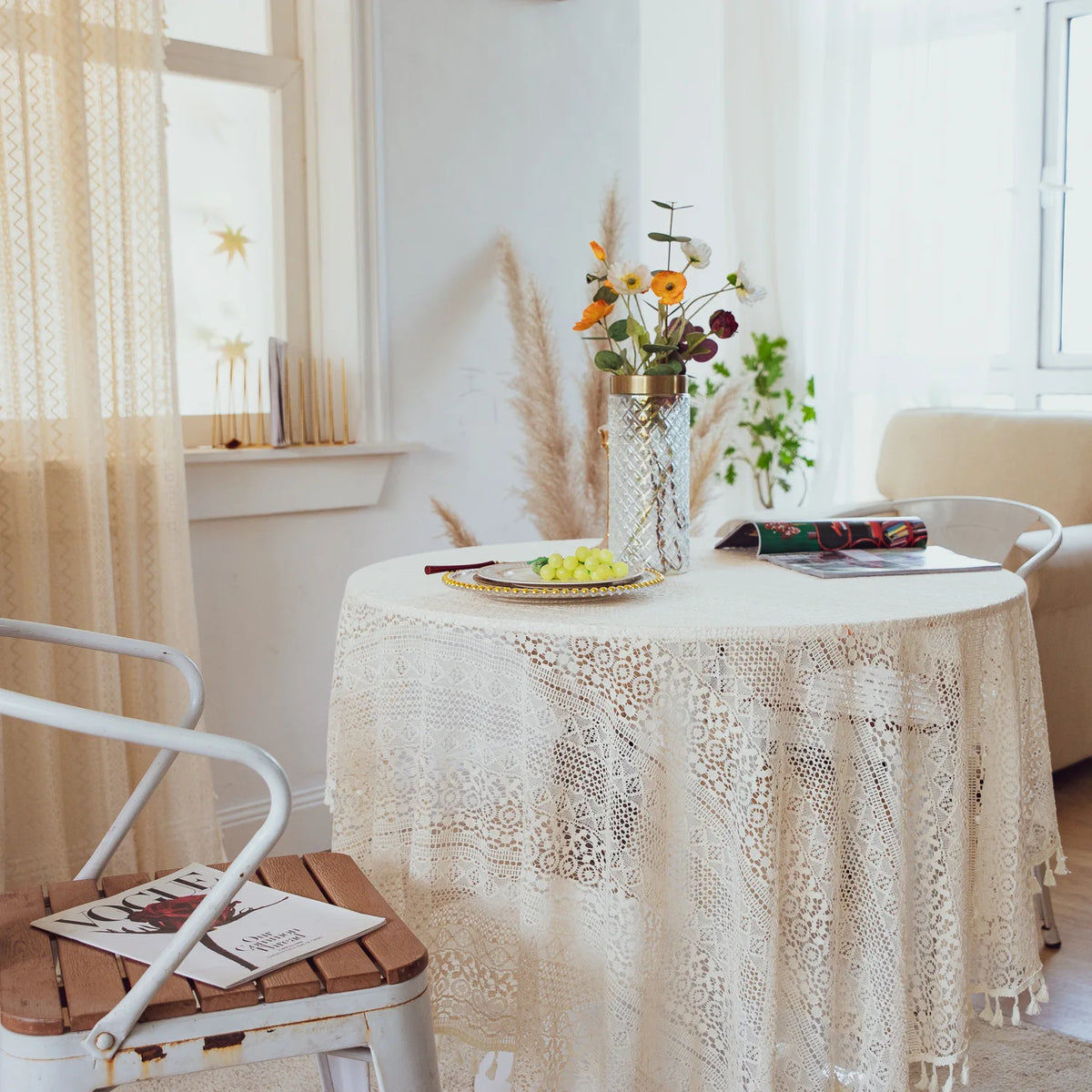 nappe table crochet pompons dentelle beige motifs floraux boho chic réutilisable coton table restaurantextérieur