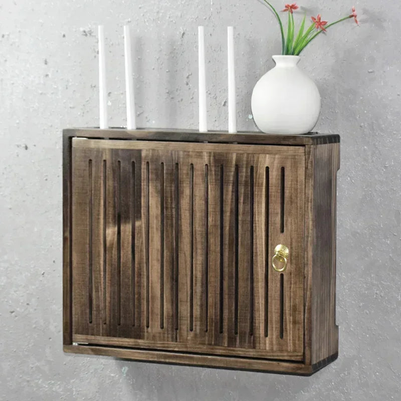 boite rangement murale routeur wifi bois poignée dorée grille