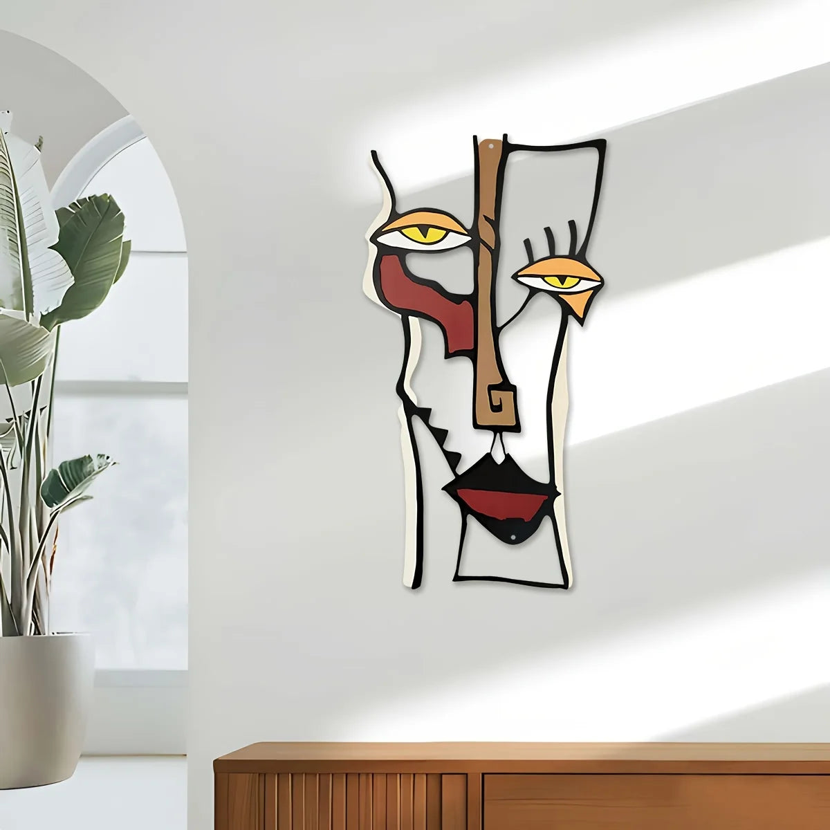 décoration murale abstraite métal jaune rouge marron noir graphique moderne chambre salon