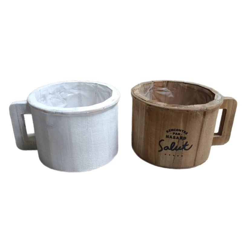 jardinière pot bois blanc mug rustique décoration intérieure extérieure herbes fleurs artificielles