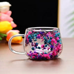 tasse verre double paroi fleurs séchées transparente poignée cuillère dorée moderne