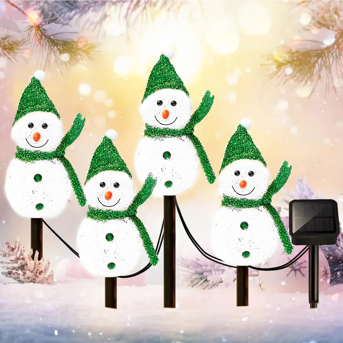 décoration noël bonhommes neige lumineux piquet glitter blanc vert jaune rose festiveextérieur jardin